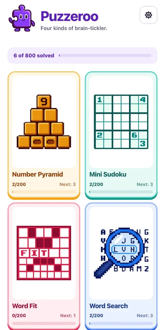 Puzzeroo home screen with the four puzzle types