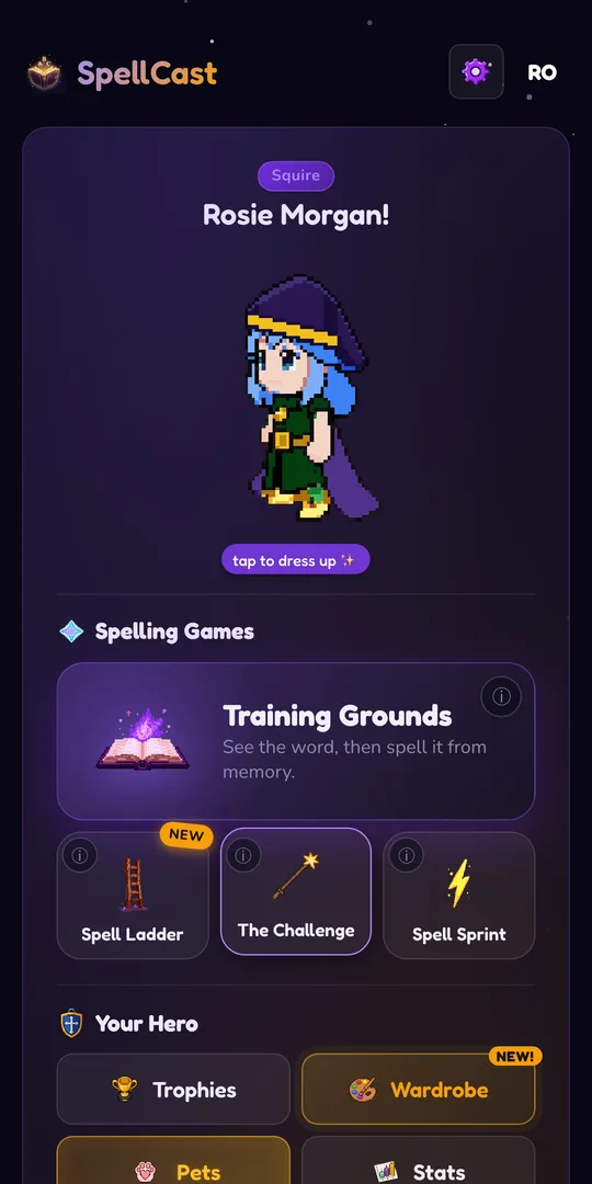 SpellCast home screen with a child's pixel art hero and the spelling games