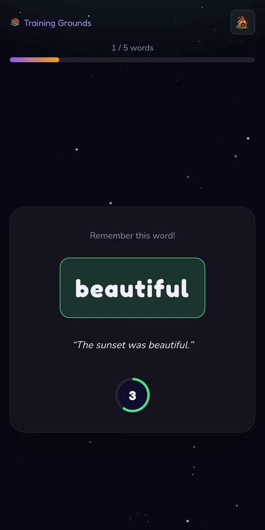 A SpellCast practice round showing the word beautiful and a sentence using it